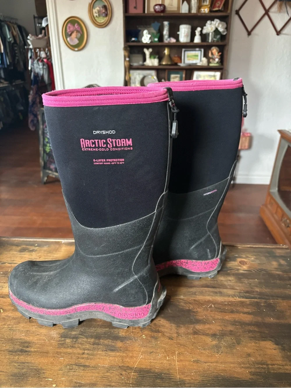 Women's Black Winter Rain Boots with Pink Trim